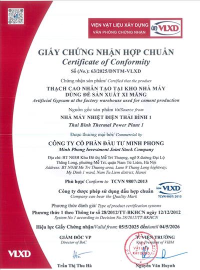 Giấy chứng nhận hợp chuẩn: Thạch cao nhân tạo tại kho nhà máy dùng để sản xuất xi măng
