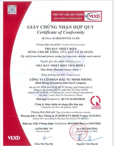 Giấy chứng nhận hợp quy: Tro bay nhiệt điện dùng cho bê tông, vữa xây và xi măng