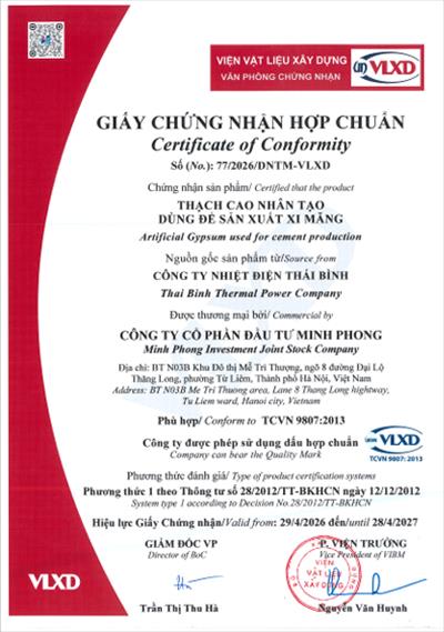 Giấy chứng nhận hợp chuẩn: Thạch cao nhân tạo tại kho nhà máy dùng để sản xuất xi măng